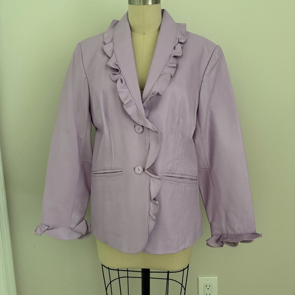 Vintage Terry Lewis Classic Luxuries Lilac Leather Jacket Ruffles Retro Chic M